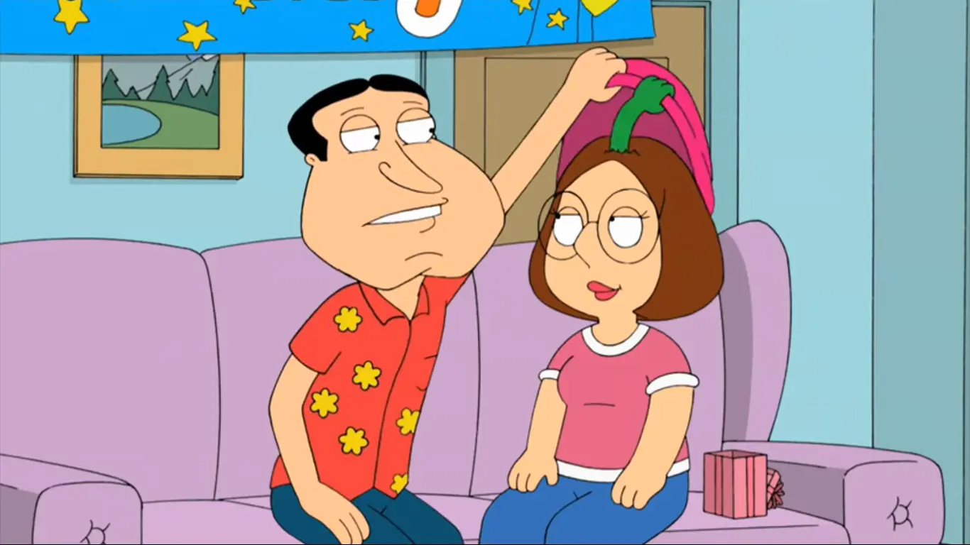 Meg with Brian has a Green hand under hat